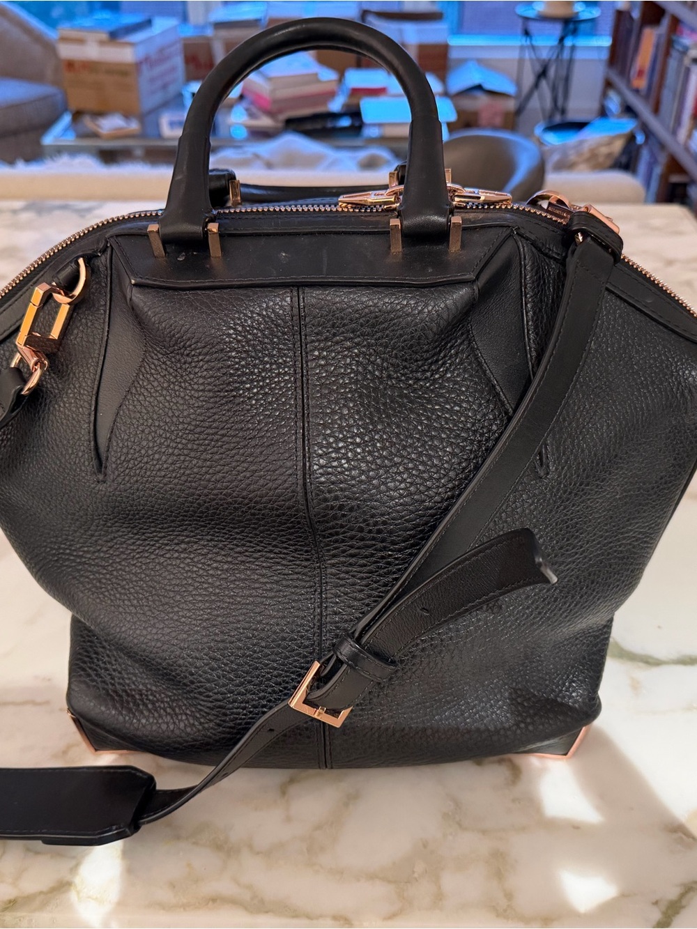 Alexander Wang Black Pebbled Leather Doctor Bag with Rose Gold Hardware